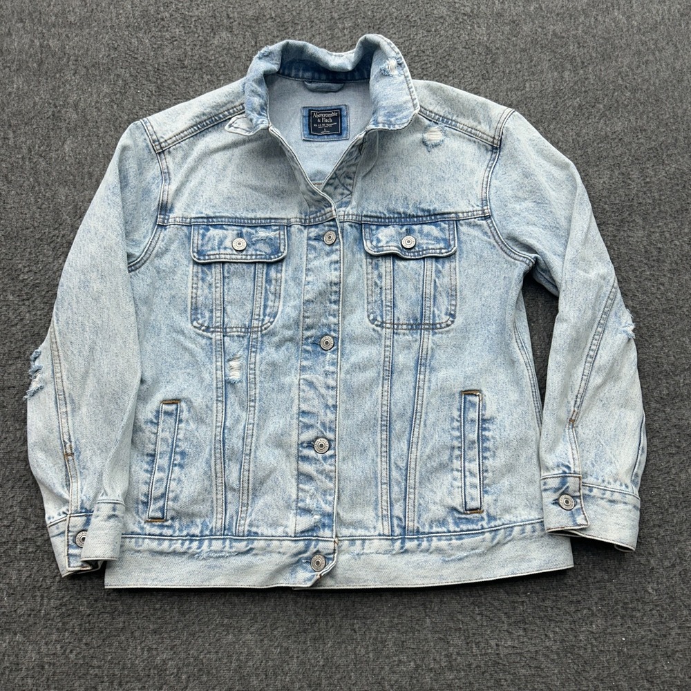 Abercrombie & Fitch Denim Jacket‎ Womens Sz L Trucker Distressed Jean Jacket